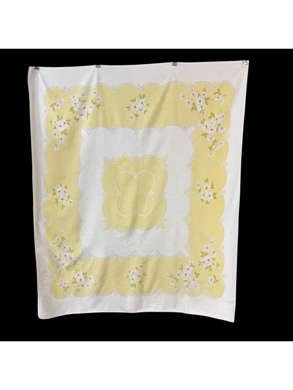 Printed Cotton Tablecloth Yellow White Apple Blossoms Cottage Core Vintage 1950s